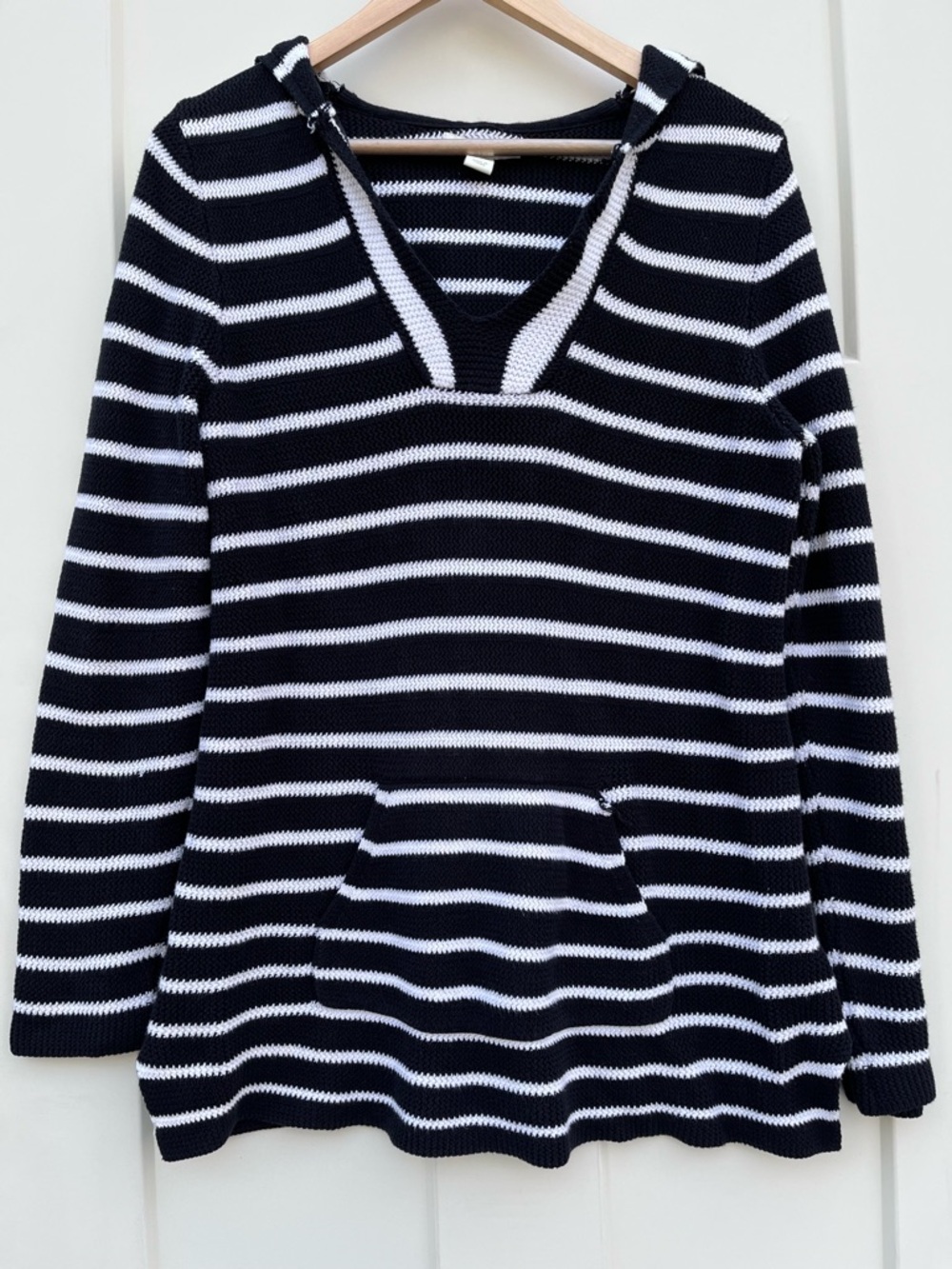 St. Tropez West Black and White Striped Knit Hoodie Sweater cover up Coastal